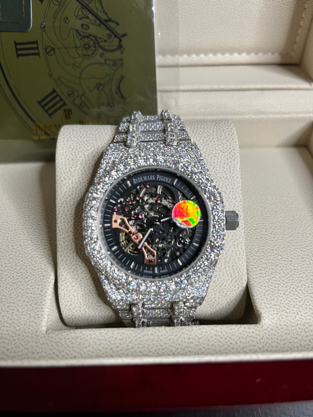 Audemars Piguet Silver Diamond-Set Skeleton Watch with Black Dial